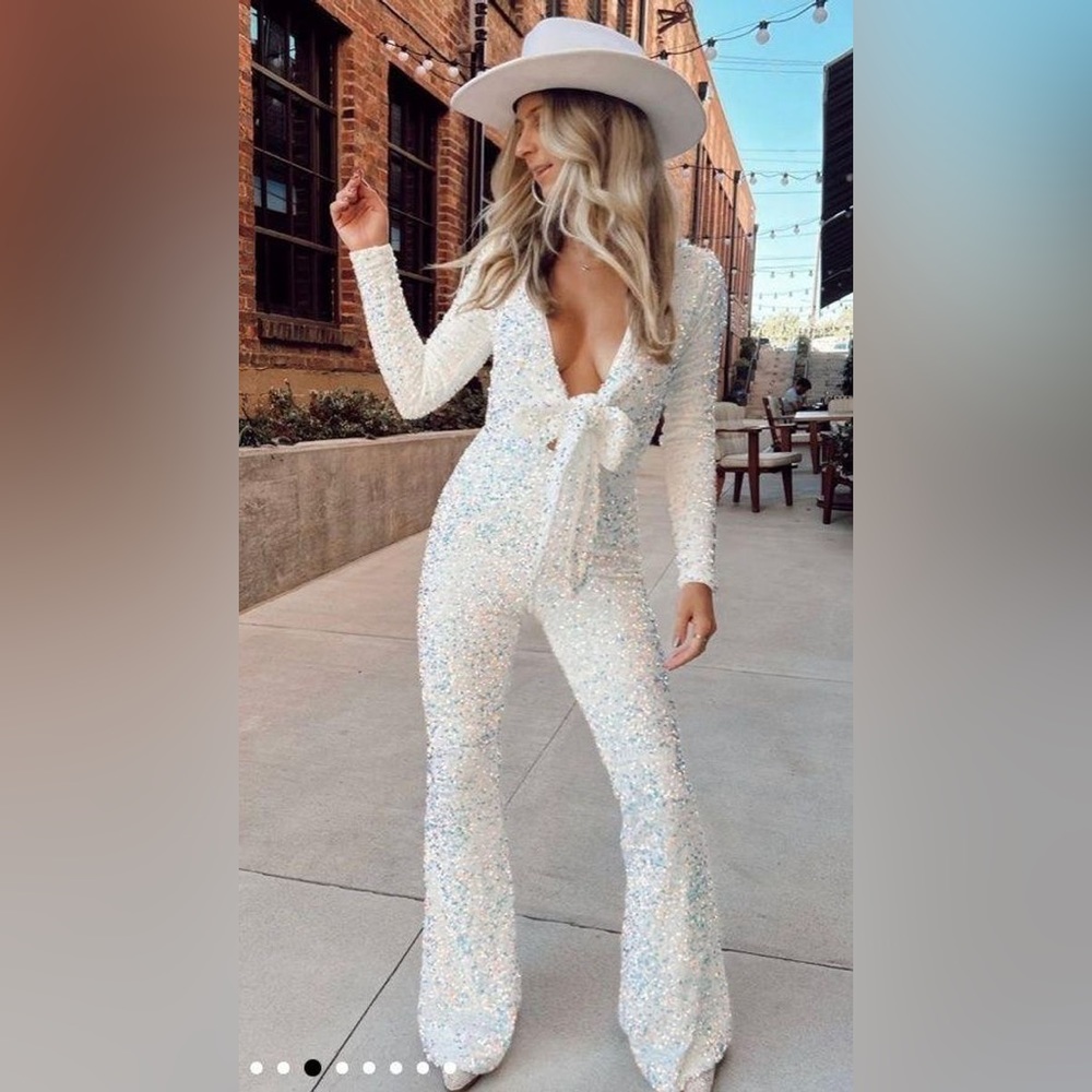 White Show Me Your MuMu sequin Jumpsuit | SMYM Martina Jumpsuit